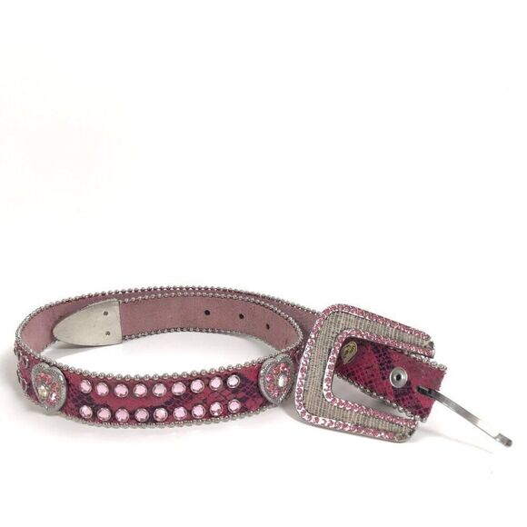 Vintage Y2K Pink Rock Grunge Leather Ranch Western Rhinestone Alligator Belt / S - Picture 3 of 8
